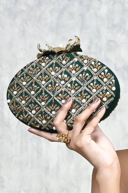 Buy The Tan Clan Green Zardosi Zafraan Embroidered Clutch Buy_The Tan Clan_Green Zardosi Zafraan Embroidered Clutch