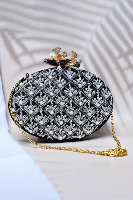 Shop_The Tan Clan_Blue Zardosi Zafraan Embroidered Oval Shaped Clutch _at_Aza_Fashions