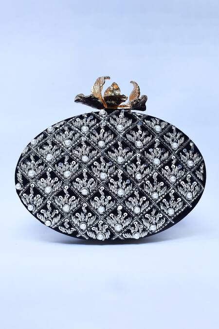 The Tan Clan_Blue Zardosi Zafraan Embroidered Oval Shaped Clutch _Online_at_Aza_Fashions