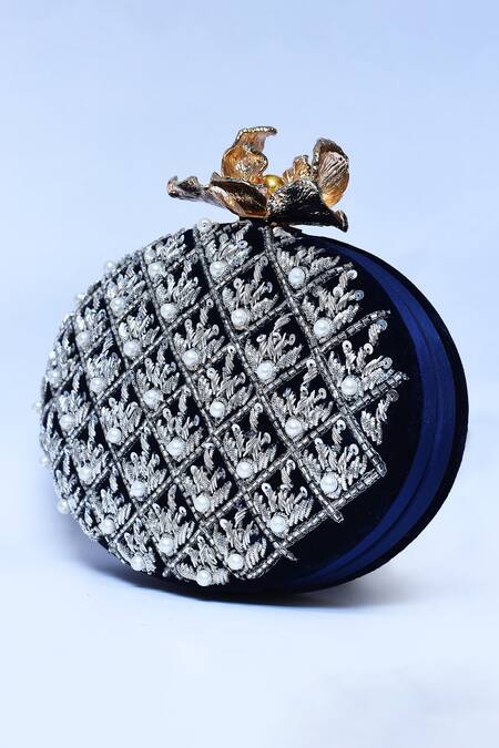 Buy_The Tan Clan_Blue Zardosi Zafraan Embroidered Oval Shaped Clutch _Online_at_Aza_Fashions