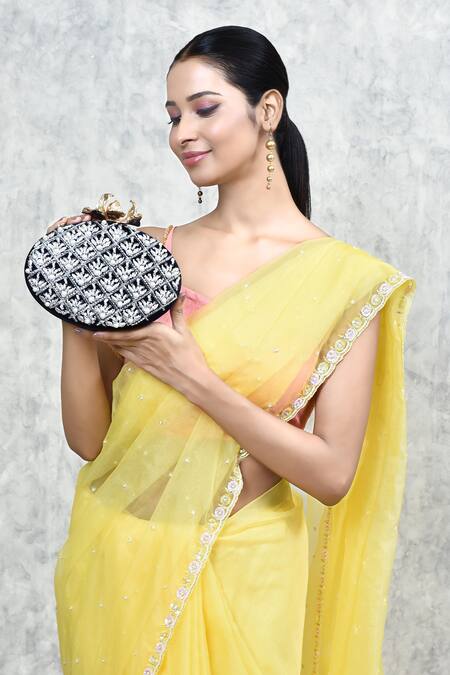 The Tan Clan_Blue Zardosi Zafraan Embroidered Oval Shaped Clutch _at_Aza_Fashions