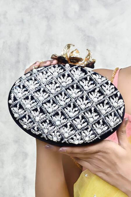 Buy The Tan Clan Blue Zardosi Zafraan Embroidered Oval Shaped Clutch Buy_The Tan Clan_Blue Zardosi Zafraan Embroidered Oval Shaped Clutch