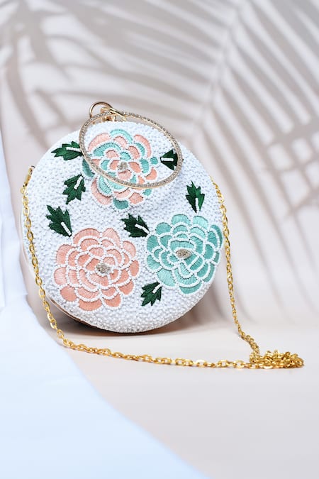 Shop_The Tan Clan_White Resham Thread Zahra Rose Pattern Embroidered Clutch _at_Aza_Fashions