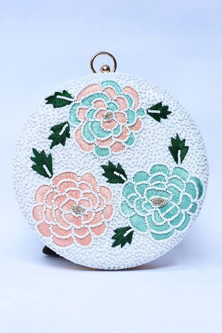 The Tan Clan_White Resham Thread Zahra Rose Pattern Embroidered Clutch _Online_at_Aza_Fashions