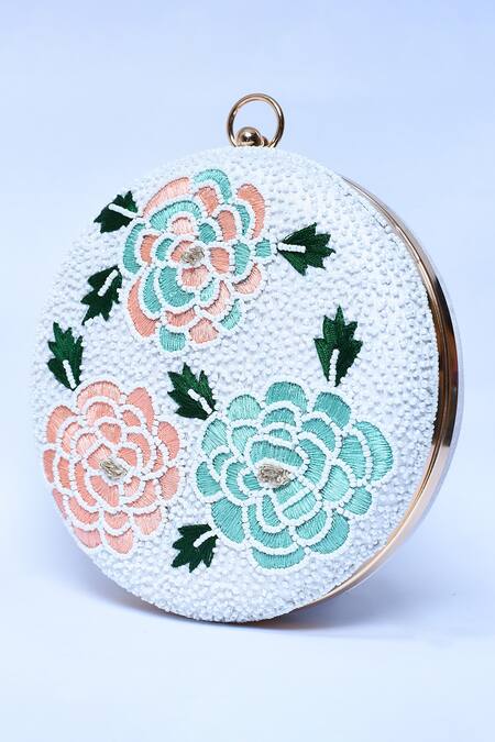 Buy_The Tan Clan_White Resham Thread Zahra Rose Pattern Embroidered Clutch _Online_at_Aza_Fashions