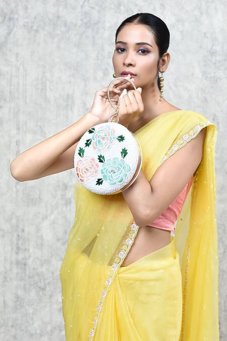 The Tan Clan_White Resham Thread Zahra Rose Pattern Embroidered Clutch _at_Aza_Fashions