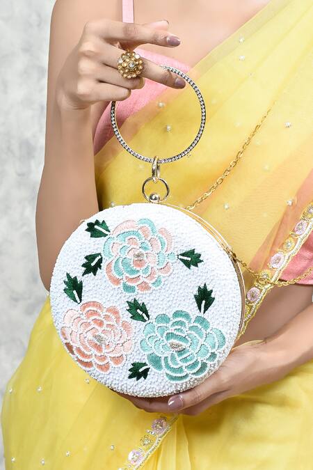 Buy The Tan Clan White Resham Thread Zahra Rose Pattern Embroidered Clutch Buy_The Tan Clan_White Resham Thread Zahra Rose Pattern Embroidered Clutch