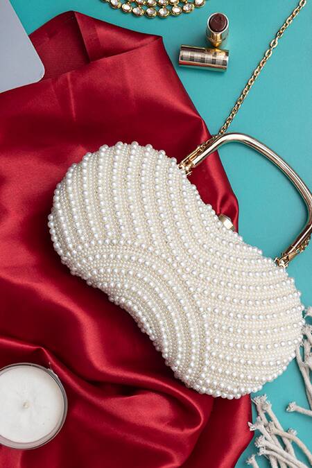 The Tan Clan_White Hand Embroidery Pearl Clutch_Online_at_Aza_Fashions