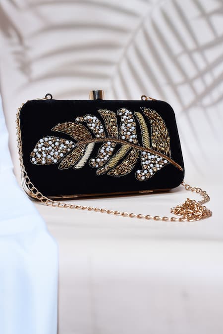 Shop_The Tan Clan_Black Embroidery Afrah Leaf Clutch _at_Aza_Fashions