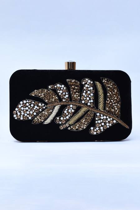The Tan Clan_Black Embroidery Afrah Leaf Clutch _Online_at_Aza_Fashions