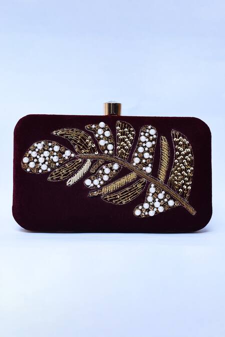 The Tan Clan_Maroon Embroidery, Pearls, Zari Afrah Hand Clutch _Online_at_Aza_Fashions