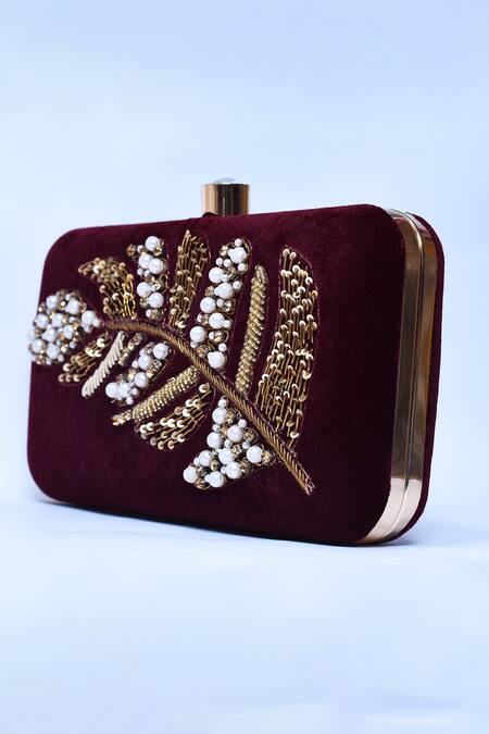 Buy_The Tan Clan_Maroon Embroidery, Pearls, Zari Afrah Hand Clutch _Online_at_Aza_Fashions