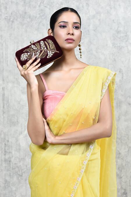 The Tan Clan_Maroon Embroidery, Pearls, Zari Afrah Hand Clutch _at_Aza_Fashions