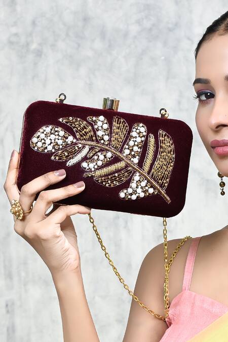 Buy The Tan Clan Maroon Embroidery, Pearls, Zari Afrah Hand Clutch Buy_The Tan Clan_Maroon Embroidery, Pearls, Zari Afrah Hand Clutch