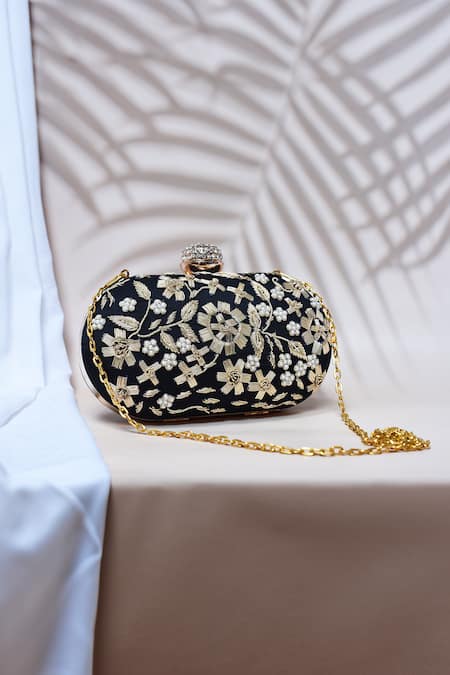 Shop_The Tan Clan_Black Embroidery Baiza Hand Clutch _at_Aza_Fashions