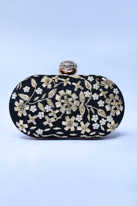 The Tan Clan_Black Embroidery Baiza Hand Clutch _Online_at_Aza_Fashions