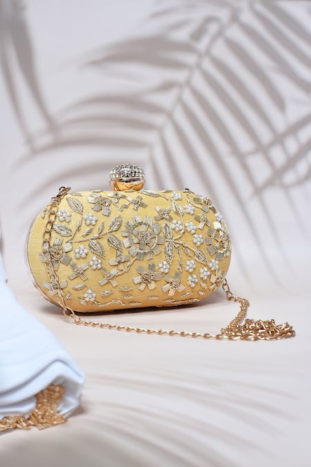 Shop_The Tan Clan_Gold Embroidery Baiza Floral Clutch _at_Aza_Fashions