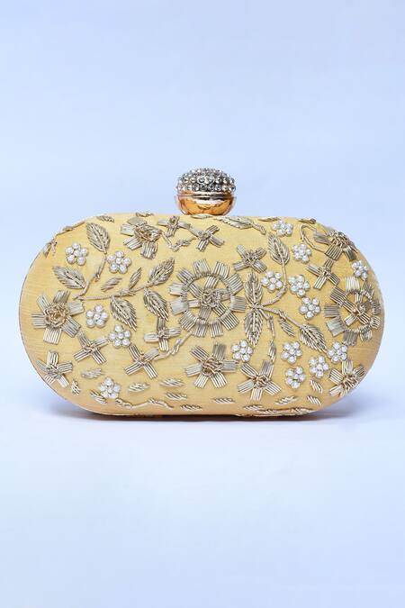 The Tan Clan_Gold Embroidery Baiza Floral Clutch _Online_at_Aza_Fashions
