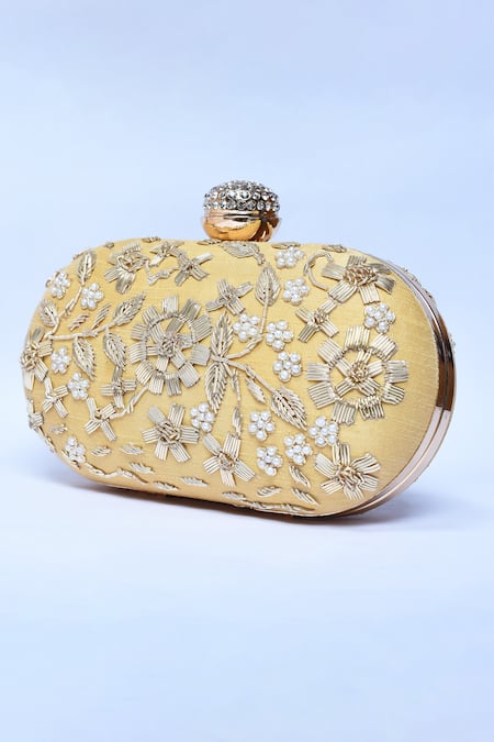Buy_The Tan Clan_Gold Embroidery Baiza Floral Clutch _Online_at_Aza_Fashions