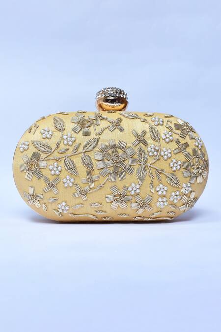 Shop_The Tan Clan_Gold Embroidery Baiza Floral Clutch _Online_at_Aza_Fashions