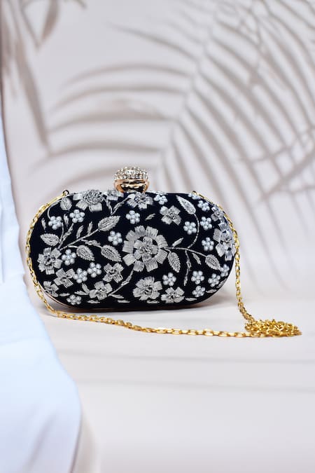 Shop_The Tan Clan_Blue Embroidery Baiza Flower Clutch _at_Aza_Fashions