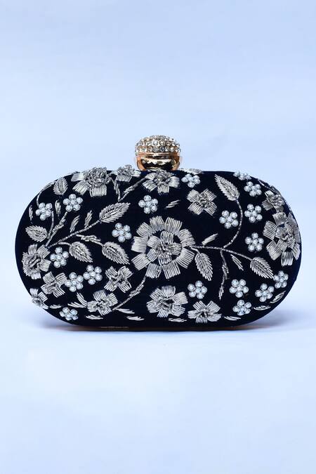 The Tan Clan_Blue Embroidery Baiza Flower Clutch _Online_at_Aza_Fashions