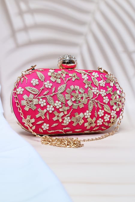 Shop_The Tan Clan_Pink Embroidery Baiza Zardozi Clutch _at_Aza_Fashions