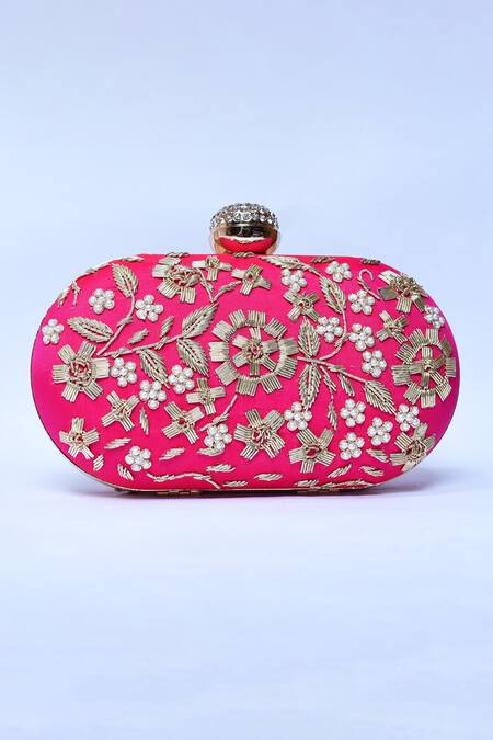 The Tan Clan_Pink Embroidery Baiza Zardozi Clutch _Online_at_Aza_Fashions