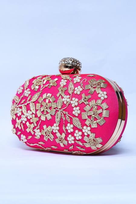 Buy_The Tan Clan_Pink Embroidery Baiza Zardozi Clutch _Online_at_Aza_Fashions