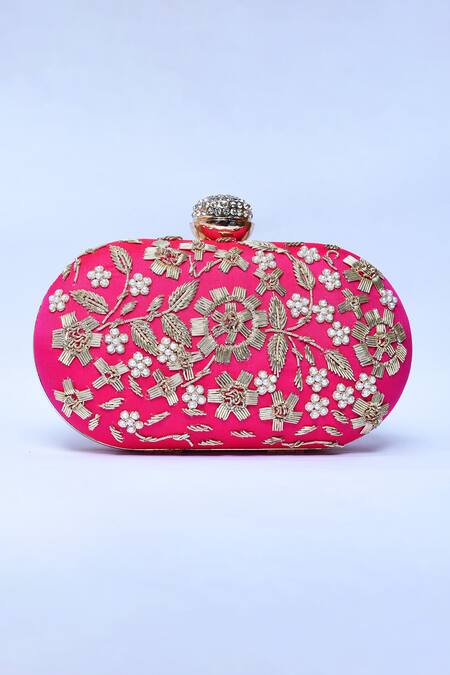 Shop_The Tan Clan_Pink Embroidery Baiza Zardozi Clutch _Online_at_Aza_Fashions