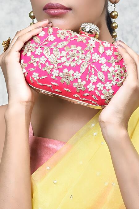 The Tan Clan Pink Embroidery Baiza Zardozi Clutch at Aza Fashions The Tan Clan_Pink Embroidery Baiza Zardozi Clutch _at_Aza_Fashions