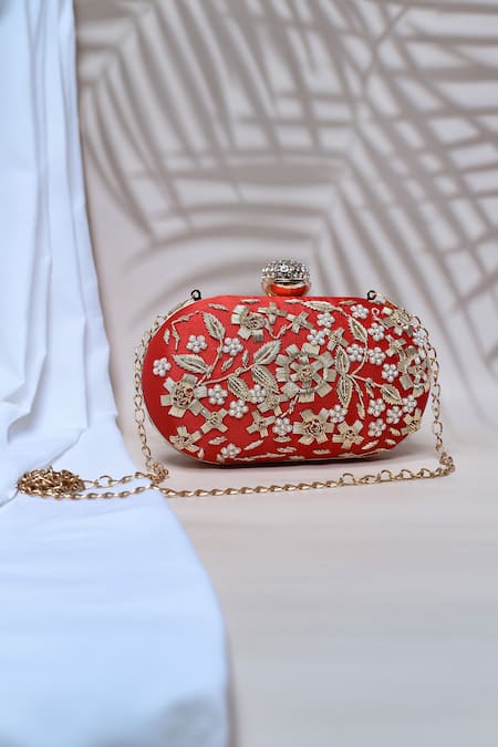 Shop_The Tan Clan_Red Embroidery Baiza Silk Clutch _at_Aza_Fashions