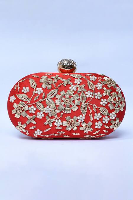 The Tan Clan_Red Embroidery Baiza Silk Clutch _Online_at_Aza_Fashions