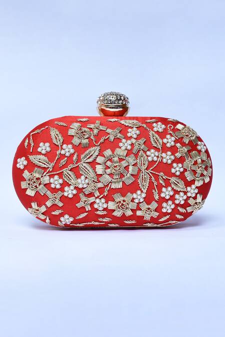 Shop_The Tan Clan_Red Embroidery Baiza Silk Clutch _Online_at_Aza_Fashions