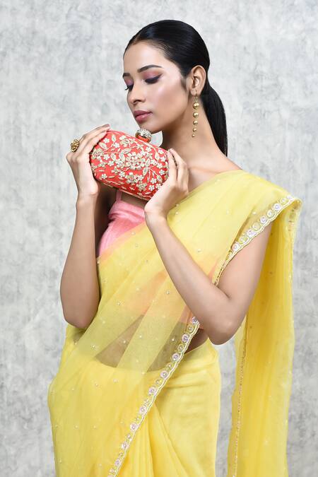 The Tan Clan_Red Embroidery Baiza Silk Clutch _at_Aza_Fashions