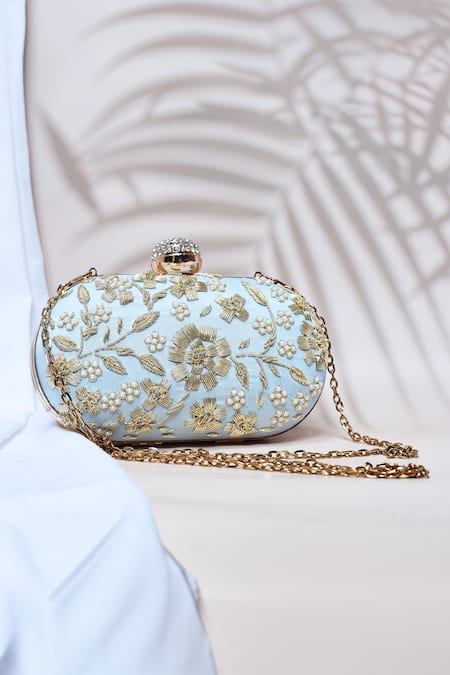 Shop_The Tan Clan_Blue Embroidery Baiza Silk Clutch _at_Aza_Fashions