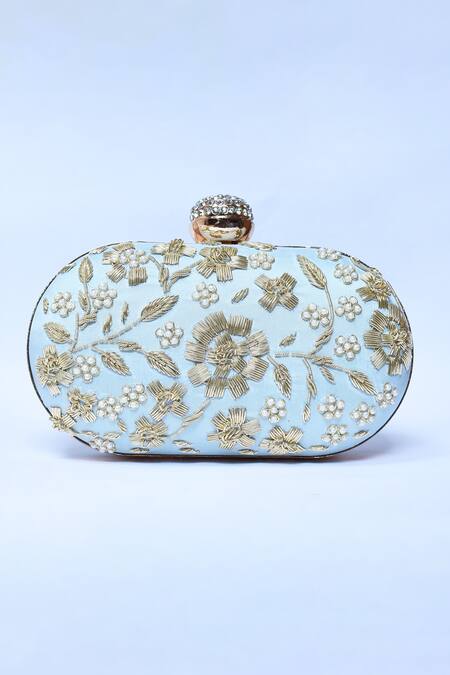 The Tan Clan_Blue Embroidery Baiza Silk Clutch _Online_at_Aza_Fashions