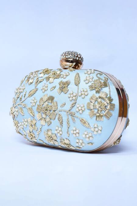 Buy_The Tan Clan_Blue Embroidery Baiza Silk Clutch _Online_at_Aza_Fashions