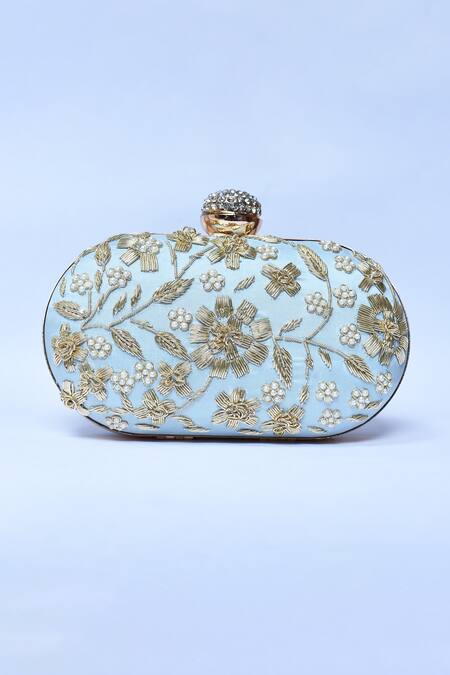 Shop_The Tan Clan_Blue Embroidery Baiza Silk Clutch _Online_at_Aza_Fashions