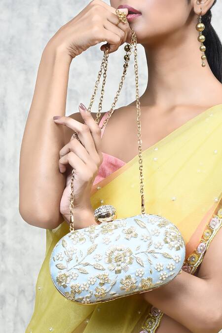 Buy The Tan Clan Blue Embroidery Baiza Silk Clutch Buy_The Tan Clan_Blue Embroidery Baiza Silk Clutch