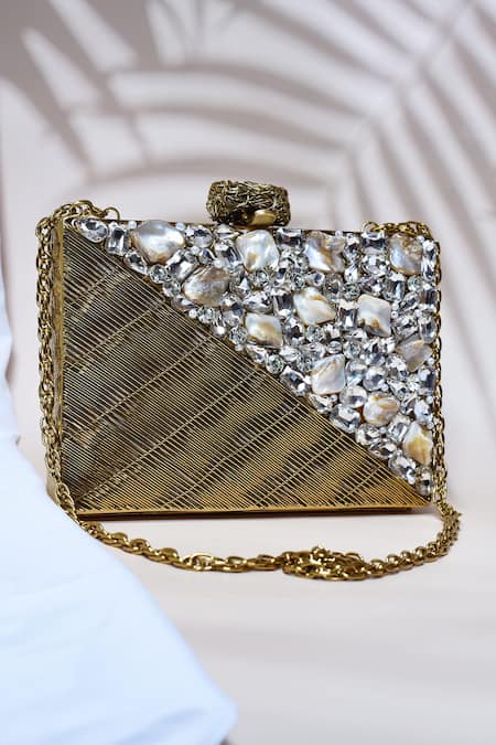 Shop_The Tan Clan_Gold Embellished Eira Clutch _at_Aza_Fashions