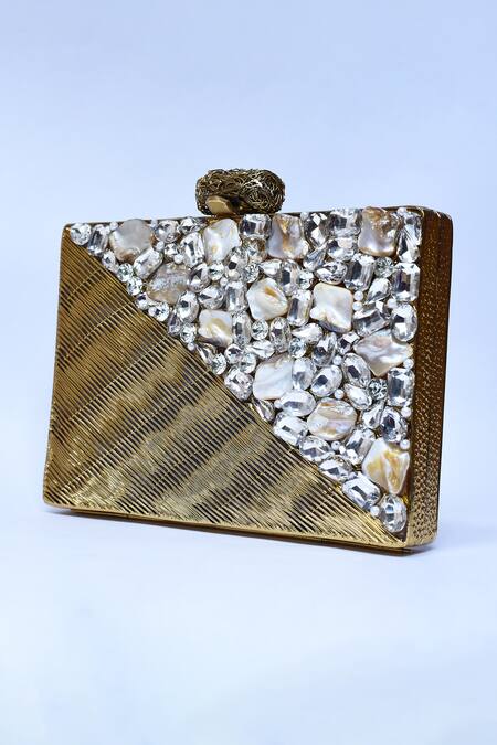 Buy_The Tan Clan_Gold Embellished Eira Clutch _Online_at_Aza_Fashions