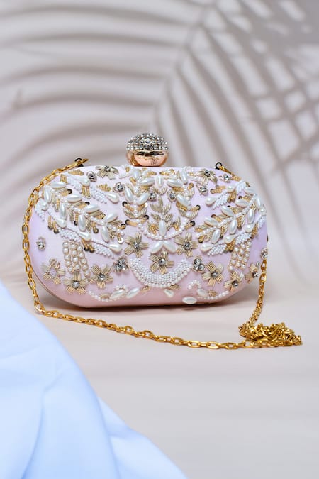 Shop_The Tan Clan_Pink Embroidery, Pearls, Zari Elizah Hand Clutch _at_Aza_Fashions
