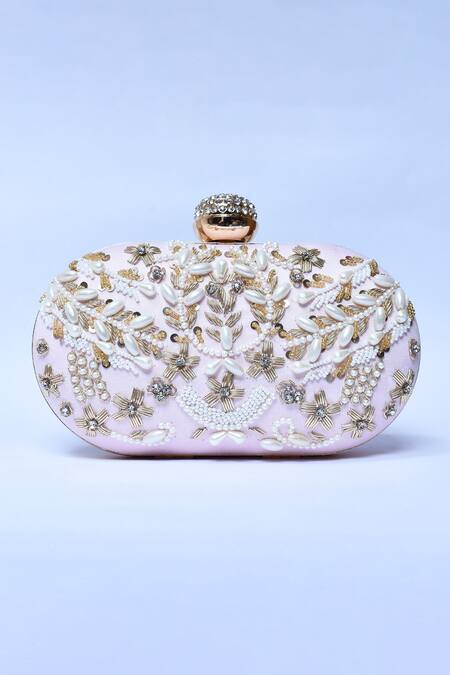 The Tan Clan_Pink Embroidery, Pearls, Zari Elizah Hand Clutch _Online_at_Aza_Fashions