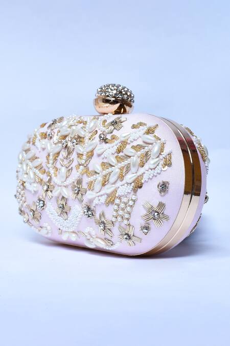 Buy_The Tan Clan_Pink Embroidery, Pearls, Zari Elizah Hand Clutch _Online_at_Aza_Fashions
