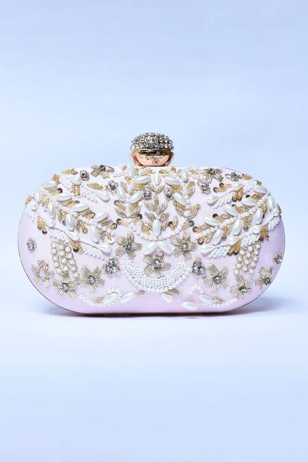Shop_The Tan Clan_Pink Embroidery, Pearls, Zari Elizah Hand Clutch _Online_at_Aza_Fashions