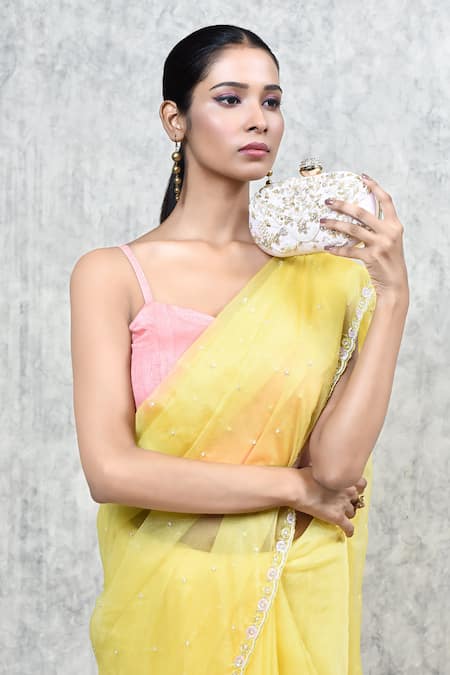 The Tan Clan_Pink Embroidery, Pearls, Zari Elizah Hand Clutch _at_Aza_Fashions