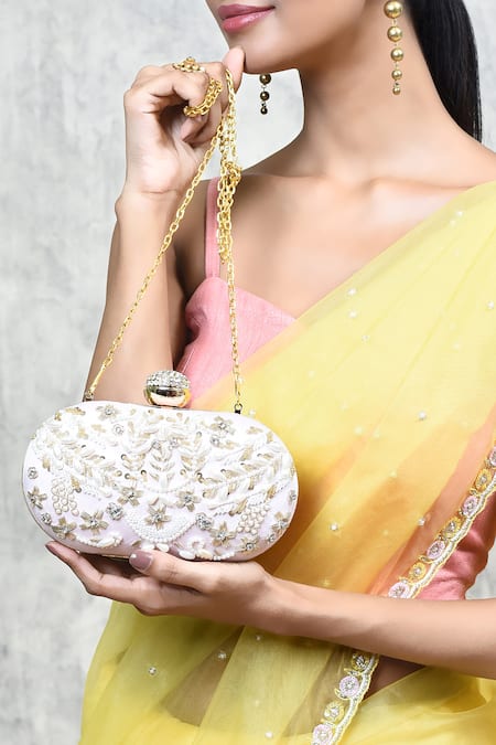 Buy The Tan Clan Pink Embroidery, Pearls, Zari Elizah Hand Clutch Buy_The Tan Clan_Pink Embroidery, Pearls, Zari Elizah Hand Clutch