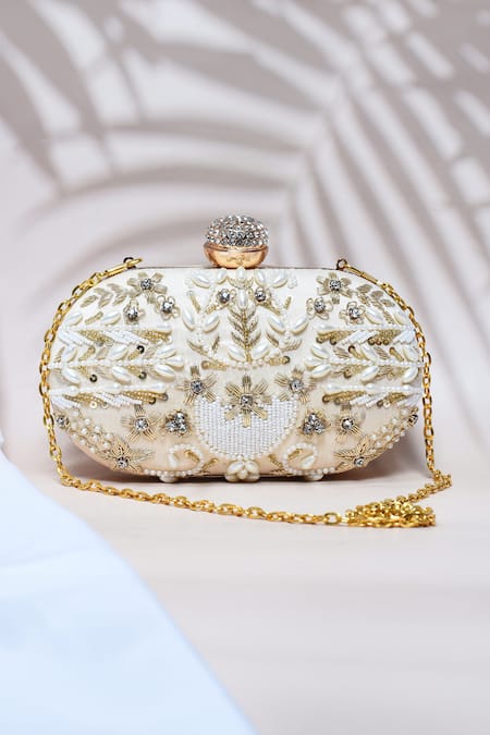 Shop_The Tan Clan_Gold Embroidery, Zari Elizah Floral Hand Clutch _at_Aza_Fashions
