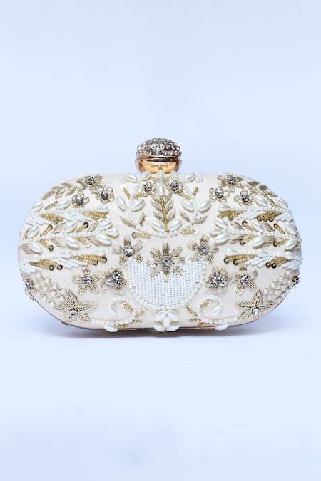 The Tan Clan_Gold Embroidery, Zari Elizah Floral Hand Clutch _Online_at_Aza_Fashions